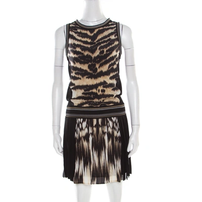 Pre-owned Roberto Cavalli Black And Brown Animal Printed Silk Pleated Sleeveless Dress S