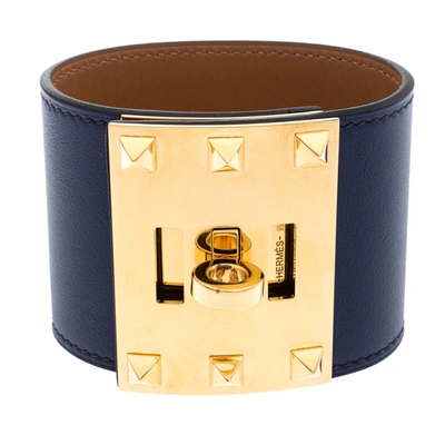 Pre-owned Hermes Kelly Dog Extreme Blue Leather Gold Plated Wide Bracelet S