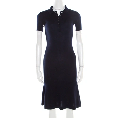 Pre-owned Ralph Lauren Navy Blue Cashmere And Silk Knit Polo Midi Dress Xs