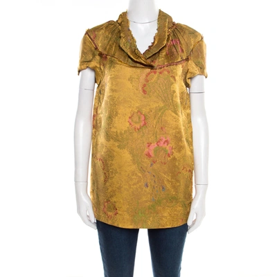 Pre-owned Marni Gold Floral Jacquard Frayed Trim Detail Cap Sleeve Top S