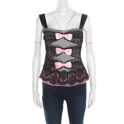 Pre-owned Dolce & Gabbana Black Dotted Tulle And Lace Bow Detail Corset Top M