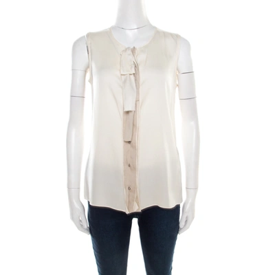 Pre-owned Elie Tahari Cream Silk Contrast Placket Ruffle Detail Sleeveless Blouse S