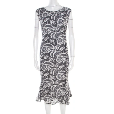 Pre-owned Escada Monochrome Lace Printed Silk Sleeveless Flounce Midi Dress Xl In White