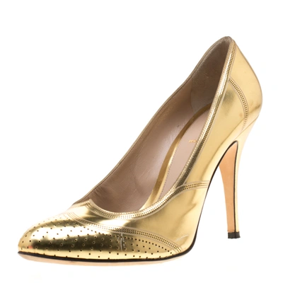 Pre-owned Fendi Metallic Gold Leather Wing Tip Pumps Size 41