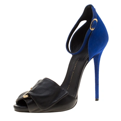 Pre-owned Giuseppe Zanotti Black Leather And Blue Suede Safety Pin Ankle Strap Sandals Size 37