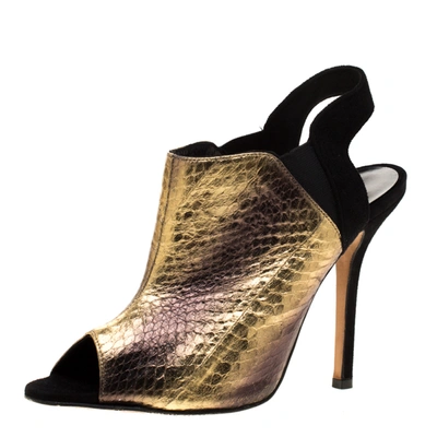 Pre-owned Oscar De La Renta Metallic Gold Embossed Elaphe Leather Penelope Peep Toe Sandals Size 38