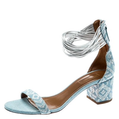 Pre-owned Aquazzura Light Blue Embroidery Demin Spin Me Around Strappy Sandals Size 39