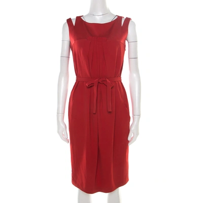 Pre-owned Paule Ka Red Cutout Shoulder Detail Pleated Sleeveless Belted Dress M