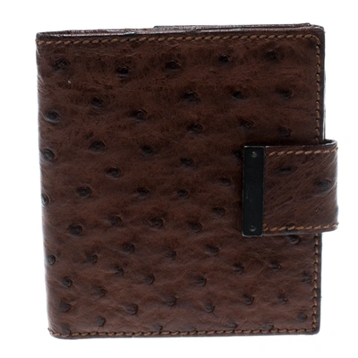 Pre-owned Gucci Brown Ostrich Compact Wallet