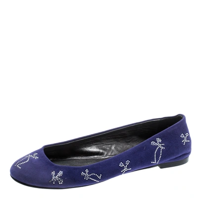 Pre-owned Giuseppe Zanotti Blue Suede Crystal Embellished Ballet Flats Size 36