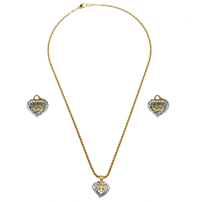 Pre-owned Valentino Garavani Crystal Embedded Heart Pendant Necklace And Earrings Set In Gold