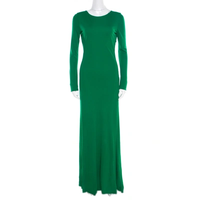 Pre-owned Roberto Cavalli Green Crepe Knit Plunge Back Draped Evening Gown M