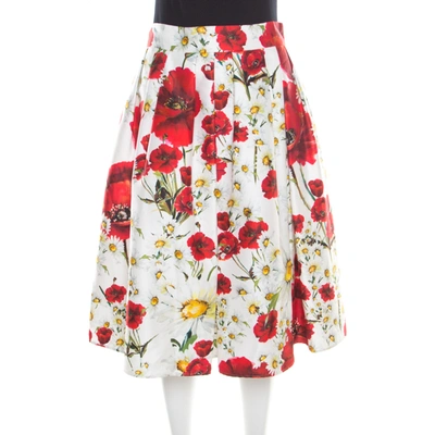 Pre-owned Dolce & Gabbana White And Red Floral Printed Cotton And Silk Pleated Skirt M