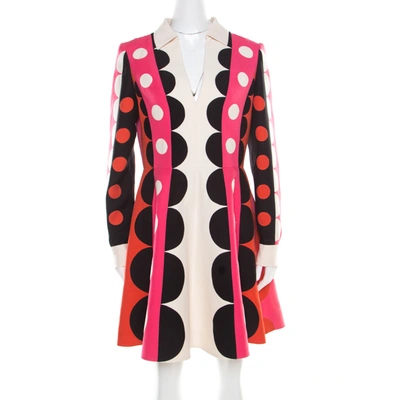 Pre-owned Valentino Multicolor Geometric Pattern Wool And Silk Long Sleeve Plunge Neck Dress M