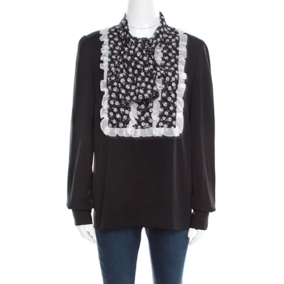 Pre-owned Dolce & Gabbana Monochrome Small Flower Print Silk Ruffled Bib Blouse M In Black