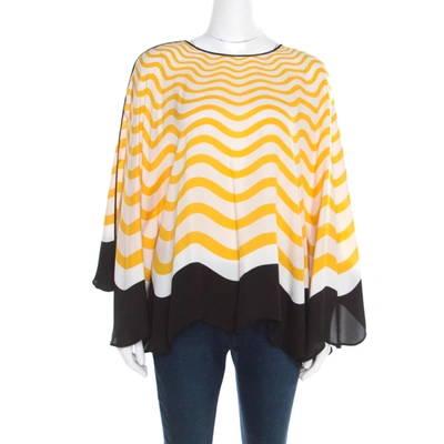 Pre-owned Fendi Yellow And Off White Wave Printed Silk Contrast Bow Trim Detail Kaftan Top M