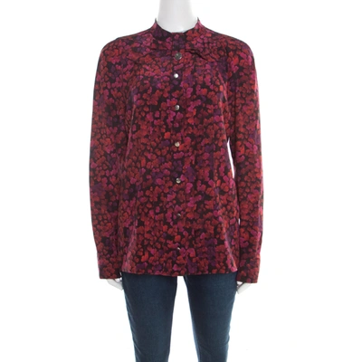 Pre-owned Gucci Red And Purple Floral Printed Silk Neck Bow Detail Long Sleeve Blouse M In Multicolor