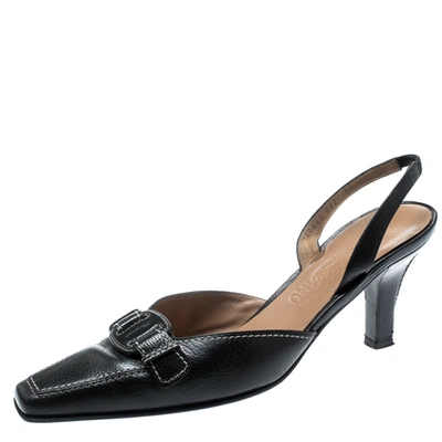 Pre-owned Ferragamo Black Leather Lua Bow Slingback Sandals Size 40.5