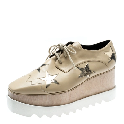 Pre-owned Stella Mccartney Beige Faux Leather Elyse Star Platform Lace Up Derby Size 40