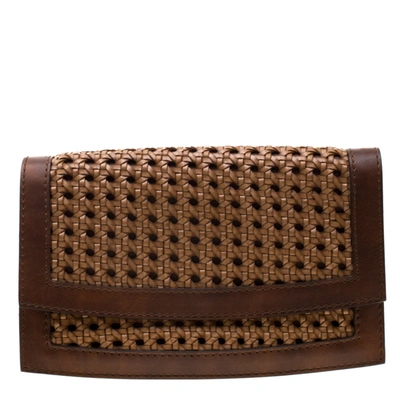 Pre-owned Stella Mccartney Woven Faux Leather Flap Clutch In Brown