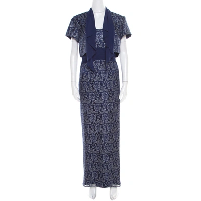Pre-owned Badgley Mischka Blue Floral Metallic Lace Maxi Dress And Bolero Set L