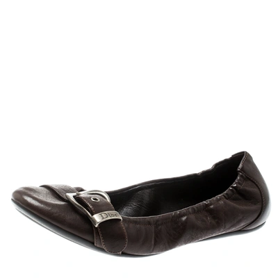 Pre-owned Dior Brown Leather Buckle Detail Scrunch Ballet Flats Size 35.5