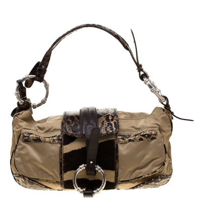 Pre-owned Gianfranco Ferre Beige/brown Nylon/python And Calfhair Satchel