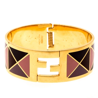 Pre-owned Fendi Sta Multicolor Geometric Enamel Gold Tone Wide Bracelet M