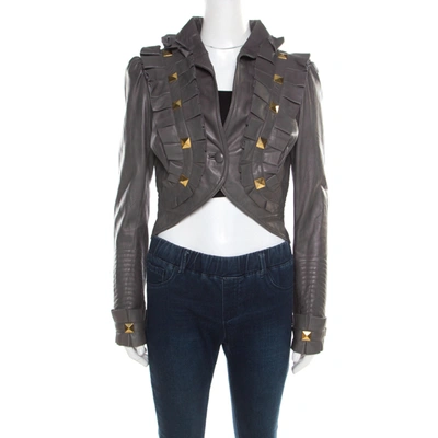 Pre-owned Temperley Grey Leather Ruffle Trim Rock Stud Embellished Cropped Jacket M