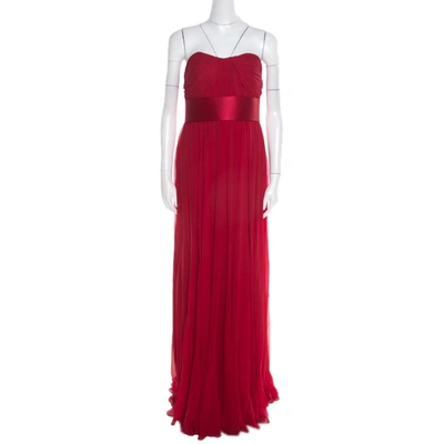 Pre-owned Notte By Marchesa Scarlet Silk Chiffon Pleated Bodice Strapless Gown M In Red