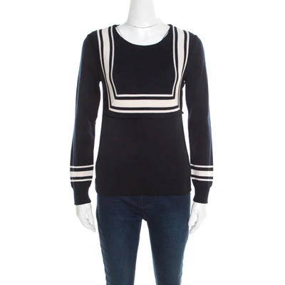Pre-owned Chloé Navy Blue Wool Contrast Striped Trim Detail Sweater Xs