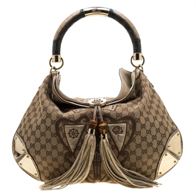 Pre-owned Gucci Beige/green Gg Canvas/snakeskin And Croc Limited Edition Crest Patchwork Indy Hobo