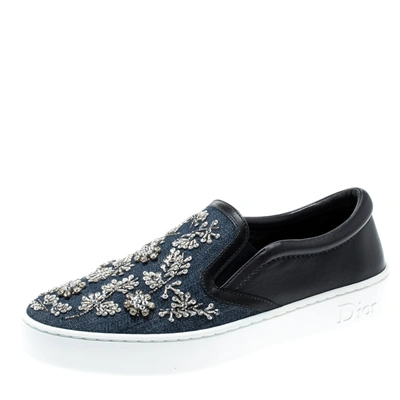Pre-owned Dior Indigo Crystal Embellished Dark Wash Denim And Leather Happy Slip On Sneakers Size 37.5 In Blue