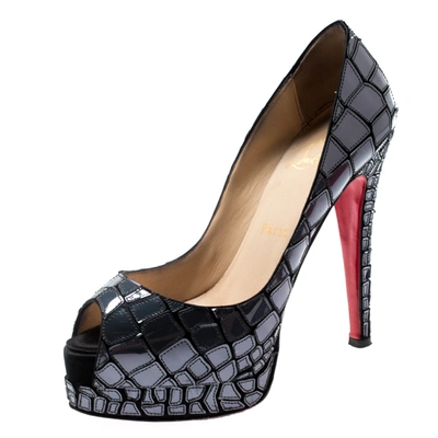 Pre-owned Christian Louboutin Grey Mirror Leather/satin Mosaic 'sobek 140' Peep Toe Platform Pumps Size 36.5