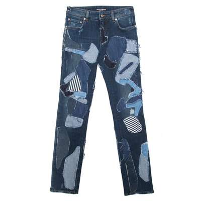 Pre-owned Dolce & Gabbana Indigo Faded Effect Patchwork Detail Distressed Skinny Jeans S In Blue