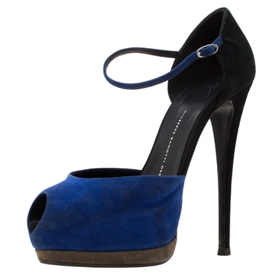 Pre-owned Giuseppe Zanotti Blue/black Suede Peep Toe Ankle Strap Platform Sandals Size 39