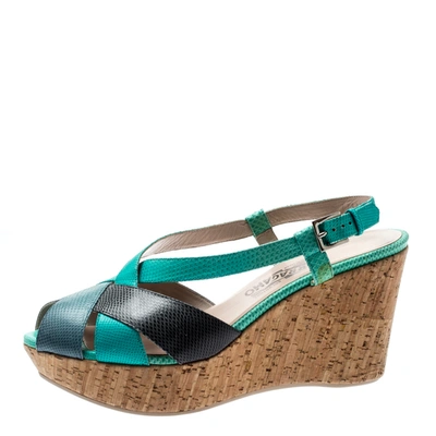 Pre-owned Ferragamo Tricolor Lizard Leather Cross Strap Cork Wedge Sandals Size 41 In Green