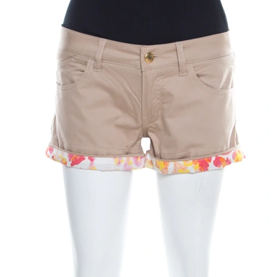 Pre-owned Just Cavalli Beige Stretch Cotton Contrast Cuff Detail Mini Shorts S