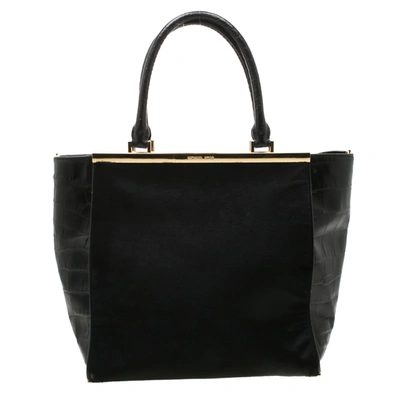 Pre-owned Michael Michael Kors Black Calf Hair And Croc Embossed Leather Large Lana Tote