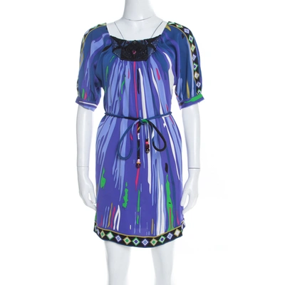 Pre-owned Emilio Pucci Multicolor Printed Silk Embellished Belted Shift Dress S