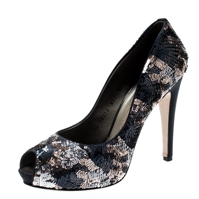 Pre-owned Ferragamo Tricolor Sequins Embellished And Satin Peep Toe Platform Pumps Size 39 In Grey