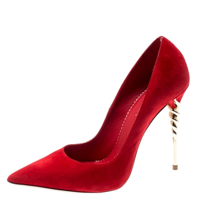 Pre-owned Le Silla Red Suede Pointed Toe Spiral Heel Pumps Size 38
