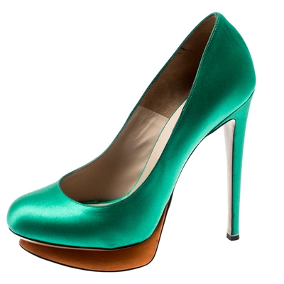 Pre-owned Nicholas Kirkwood Green Satin Platform Pumps Size 36.5