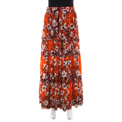 Pre-owned Jean Paul Gaultier Soleil Orange Floral Print Mesh Tiered Maxi Skirt M
