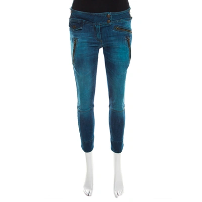 Pre-owned Just Cavalli Indigo Pigment Overdyed Denim Zipper Detail Tapered Jeans S In Blue