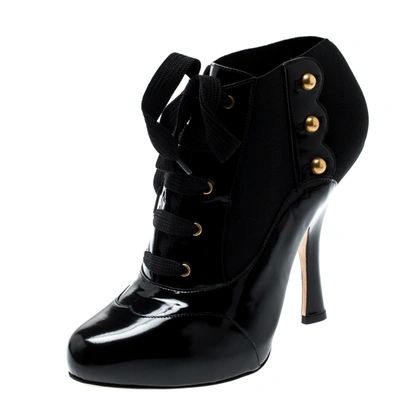 Pre-owned Dolce & Gabbana Black Leather/stretch Fabric Stud Detail Lace Up Ankle Booties Size 39