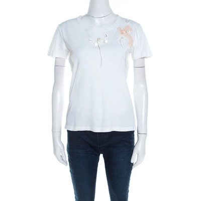 Pre-owned Louis Vuitton White Jersey Butterfly And Bird Lace Applique T-shirt L
