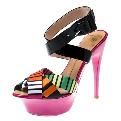 Pre-owned Giuseppe Zanotti Multicolor Satin And Patent Leather Cross Strap Platform Sandals Size 39