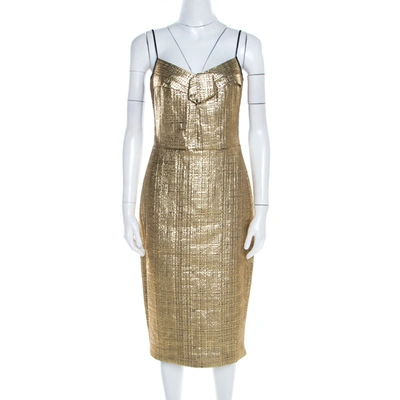 Pre-owned Dkny Metallic Gold Jacquard Basketweave Pleated Bodice Sleeveless Cocktail Dress M
