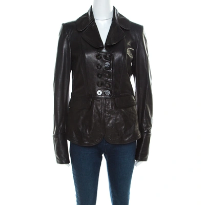 Pre-owned Burberry Black Leather Double Button Panel Peplum Moto Jacket M